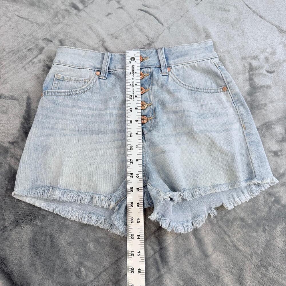 Super High Rise Jean Shorts 3/26 Rewash Vintage Reunion Frayed Hem Stretch Booty - Picture 16 of 16